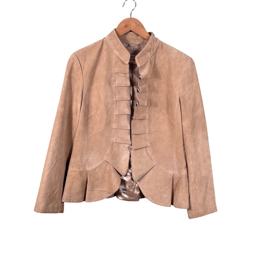 Women's Taupe Suede Ruffle Front Blazer